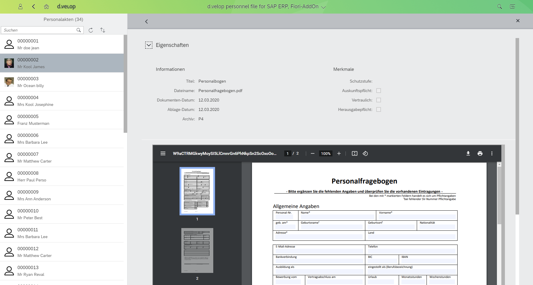 Screenshot SAP Fiori Personalakte von d.velop