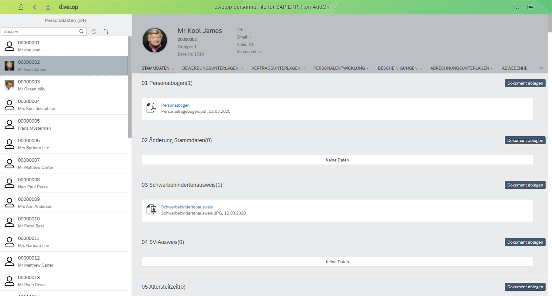 Folgender Screenshot zeigt die Manager-Ansicht auf die Personalakten der zugeordneten Mitarbeiter:in