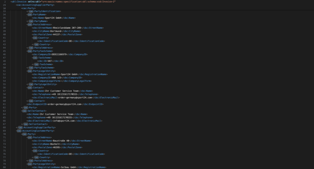 Screenshot zeigt das EDI Format xRechung XML-Datei