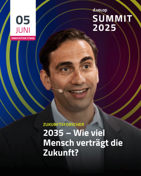Infografik zeigt den Zukunftsforscher Sven Gábor Jánszky, der auf dem d.velop SUMMIT 2025 eine Keynote mit dem Titel "2035 – Wie viel Mensch verträgt die Zukunft?" hält